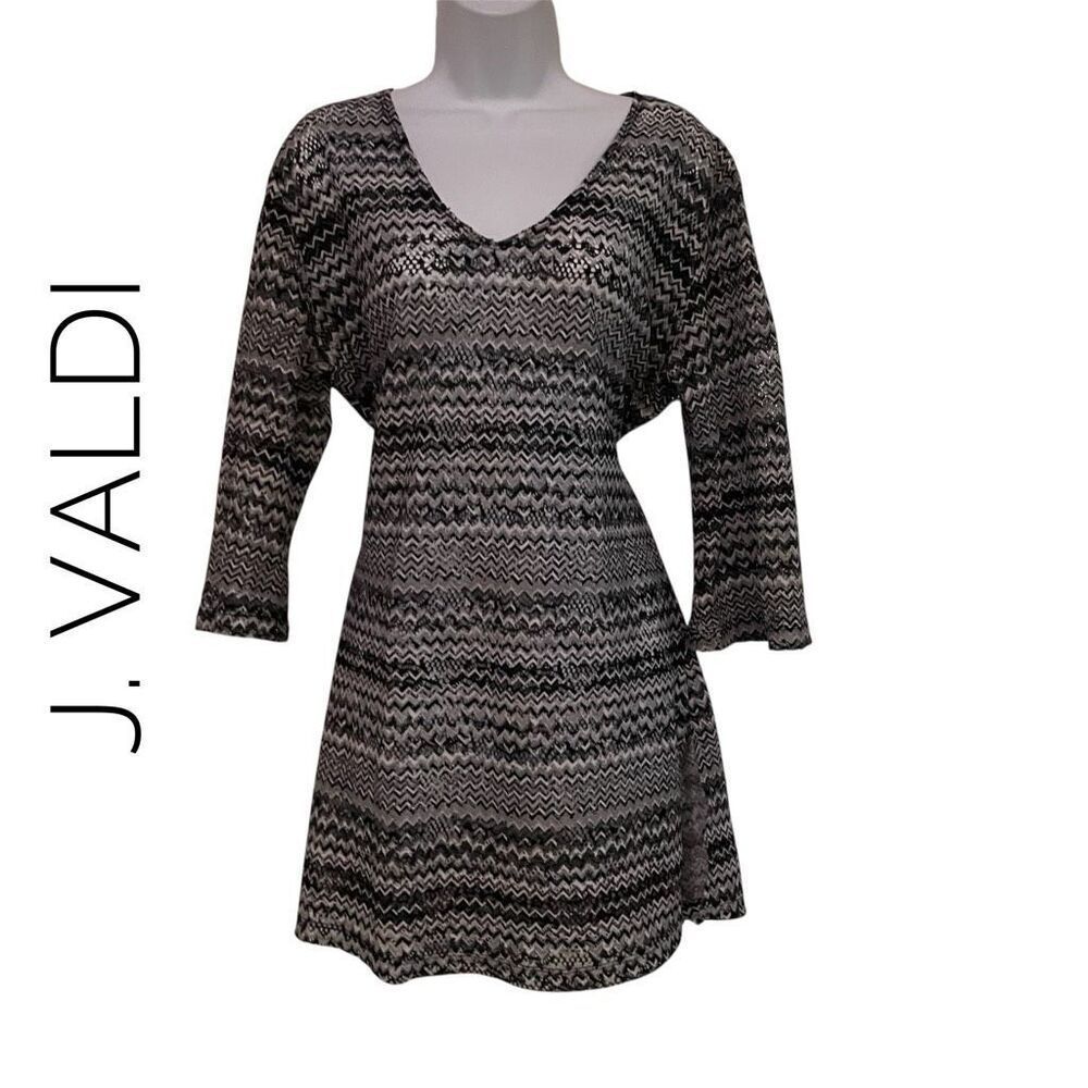 J Valdi Medium Large Bikini Cover Up Tunic Dress 3/4 Sleeve Open Knit